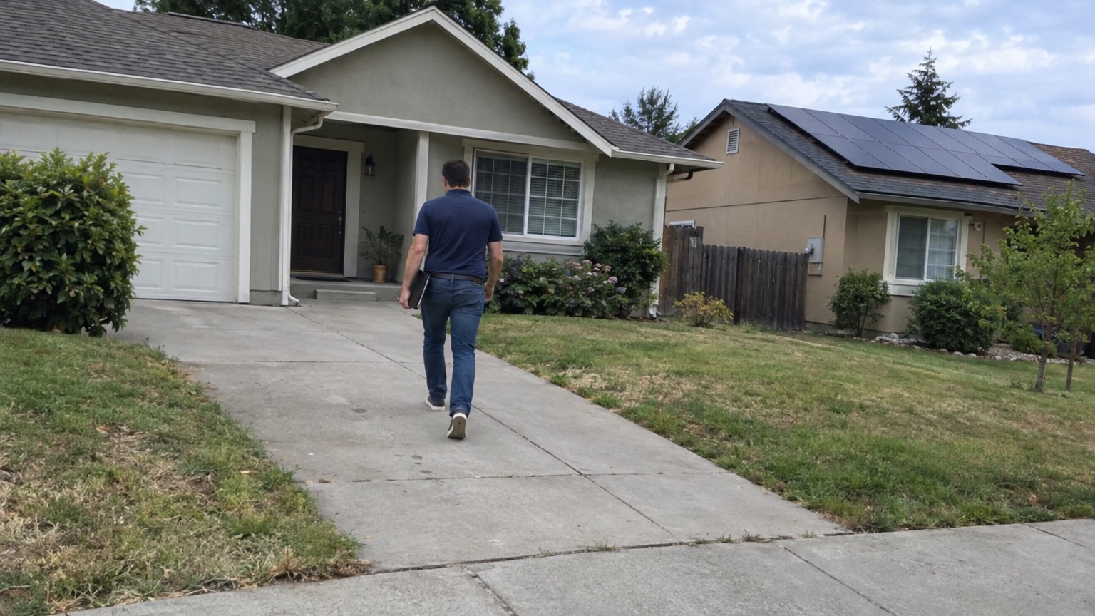 A solar rep walking up a driveway toward a front door, with solar panels on the house next door